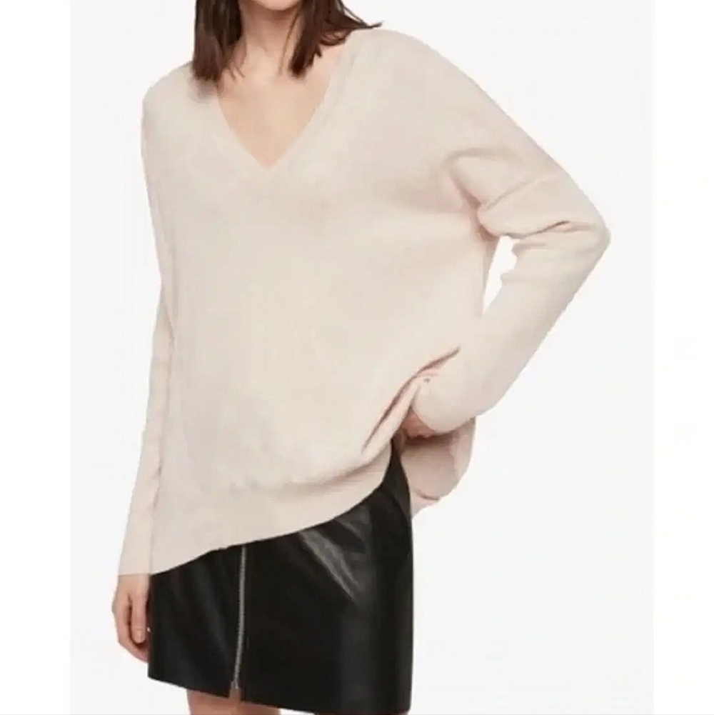 All Saints Alda Panel Oversized V-Neck Sweater Cream Pale Pink Jumper Top